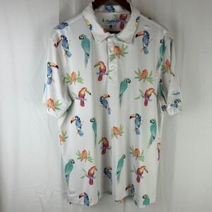Chubbies Polo Shirt Mens Large White Tropical Parrot Toucan Print Stretch SM22CA